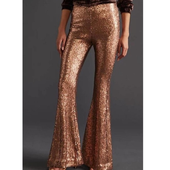 New Anthropologie Joni Allover Sequin 6P Black Metallic Flare Leg HighRise Pants - Picture 7 of 7